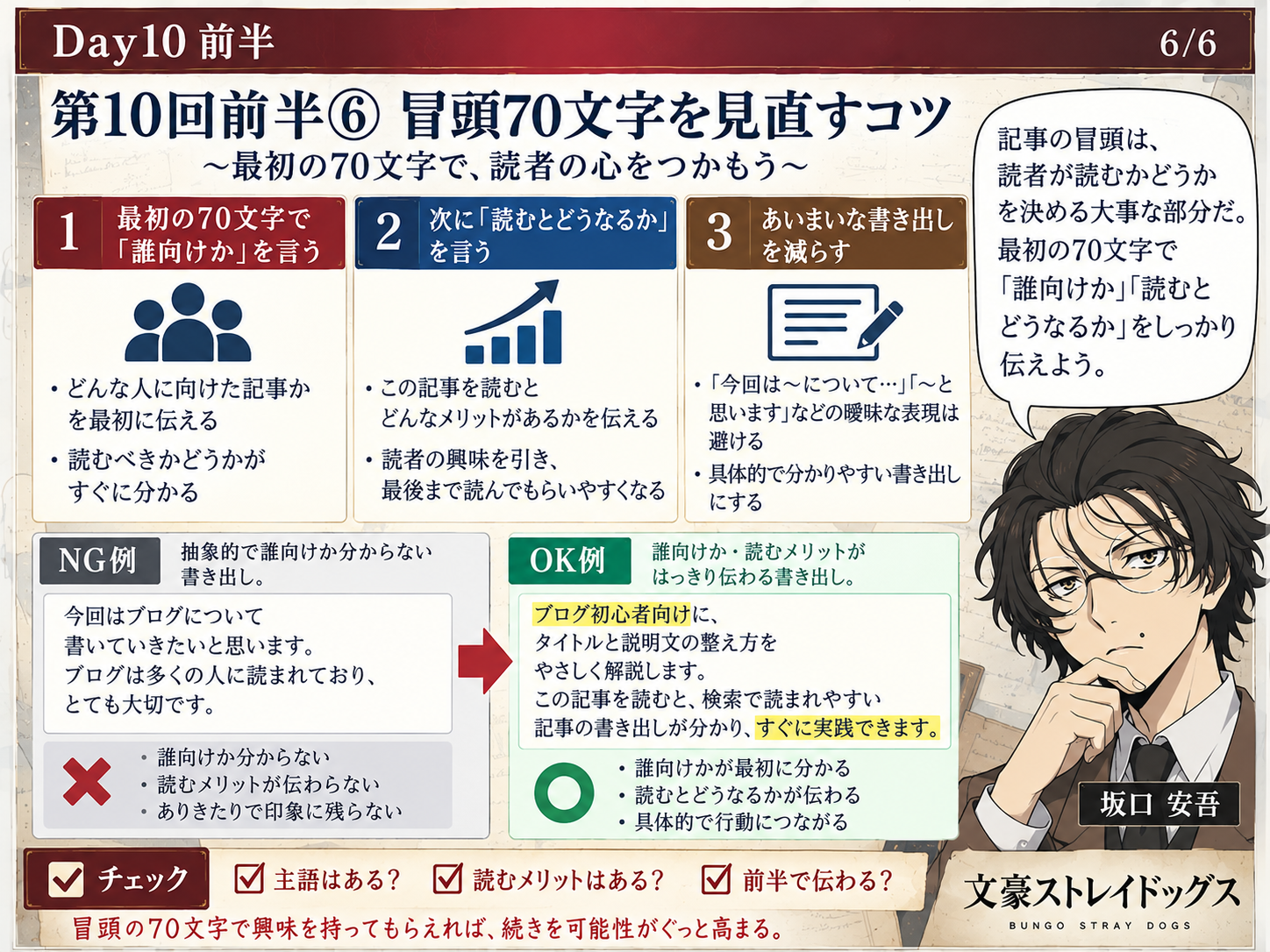 冒頭70文字の見直しを説明する教材画像
