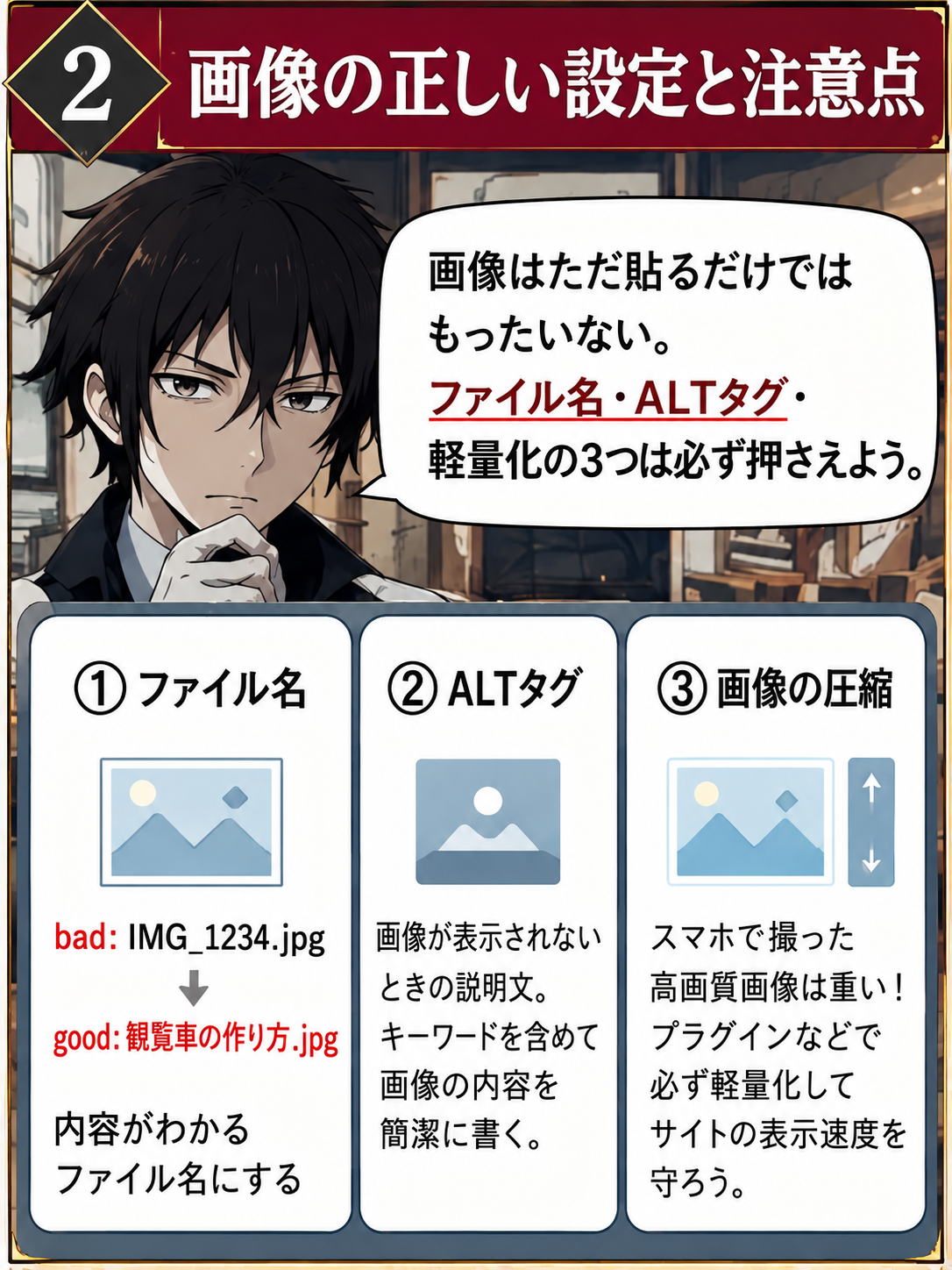 画像のファイル名、ALT、圧縮を説明する教材画像