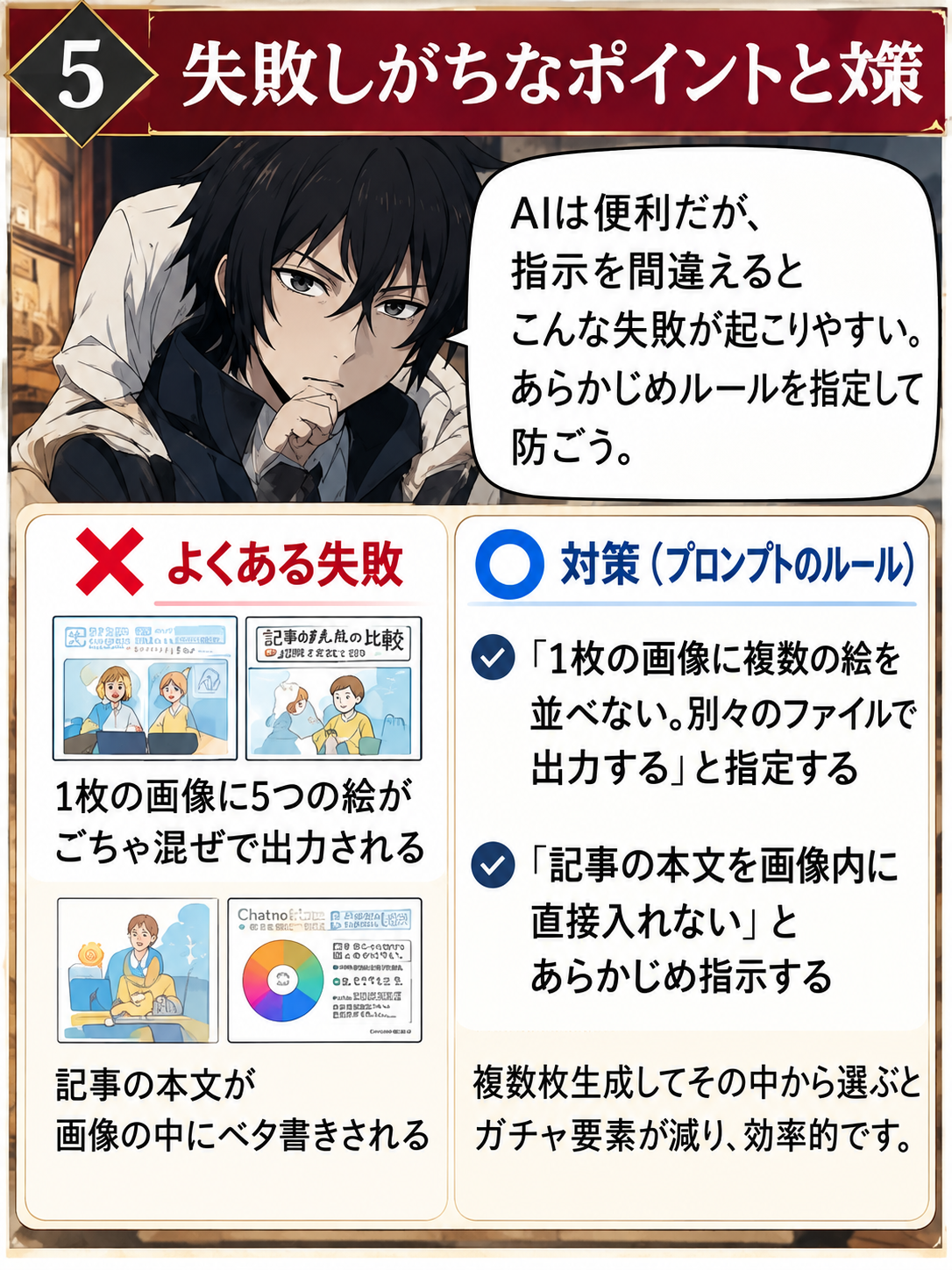 AI画像生成で失敗しやすいポイントを説明する教材画像