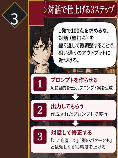 AI自身にプロンプトを作らせる方法を説明する教材画像