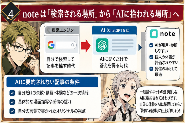 note記事では自分の失敗や感情など一次情報を先に出すことを説明する教材画像
