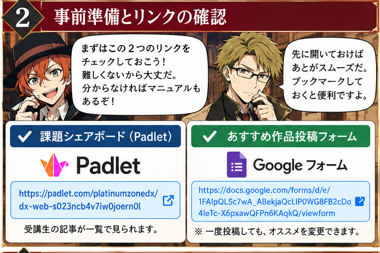 Padletとおすすめ作品投稿フォームを開く準備手順の教材画像