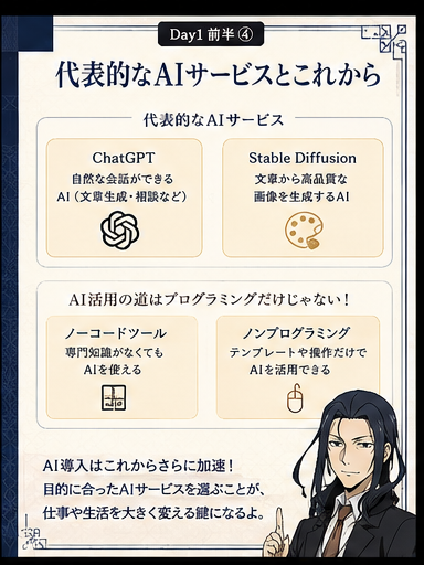 代表的なAIサービスと今後を説明するカード