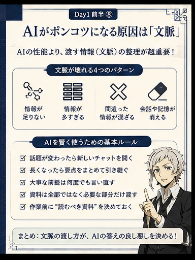 AIが長い会話でズレる原因と文脈を説明するカード