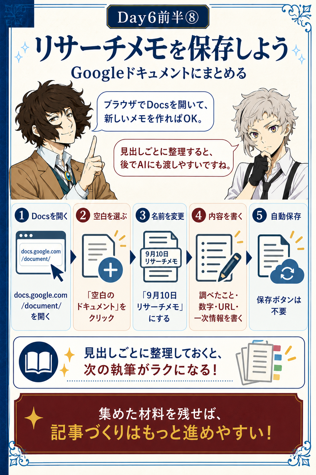 Googleドキュメントにリサーチメモを保存する流れを説明するカード