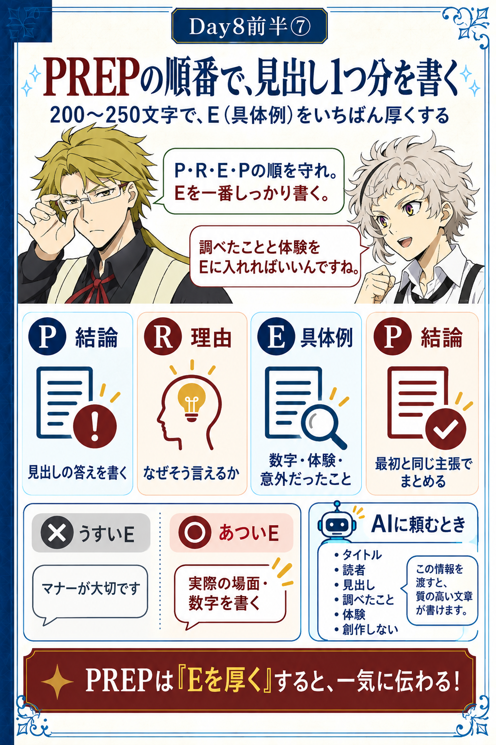PREP法で結論・理由・具体例・結論を組み立てる教材画像