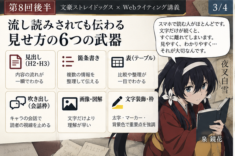 見出し、箇条書き、表、吹き出し、画像、装飾で読みやすくする実習画像
