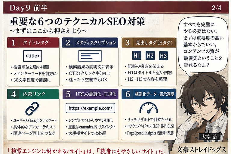 重要なテクニカルSEO対策を整理した教材画像