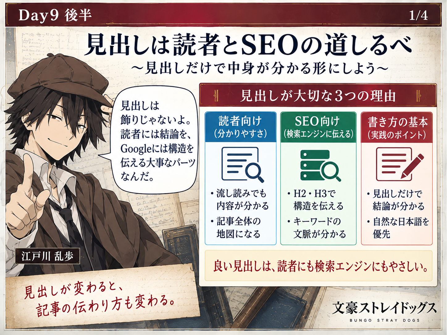 見出しが読者とSEOの道しるべであることを説明する教材画像